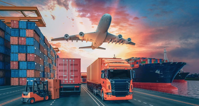 Cargo containers, truck, airplane, ship, and forklift representing global logistics.