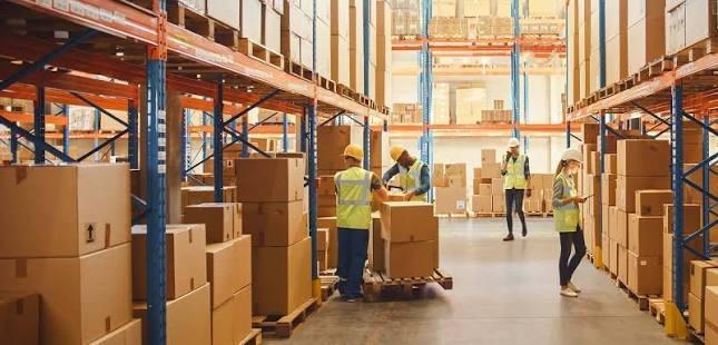 Warehouse team handling cartons in a logistics facility